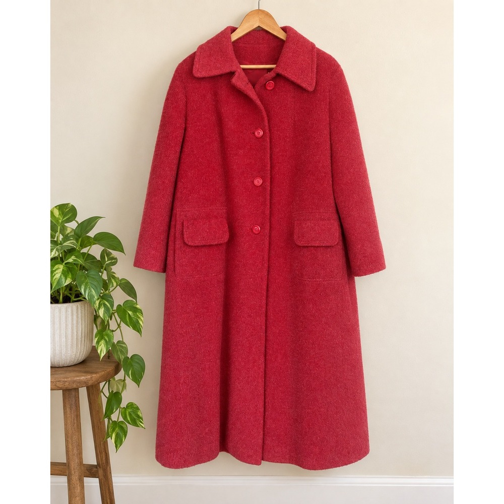 Vintage Womens XL Wool Coat Pink Red Full Length Lined Statement Overcoat Bright